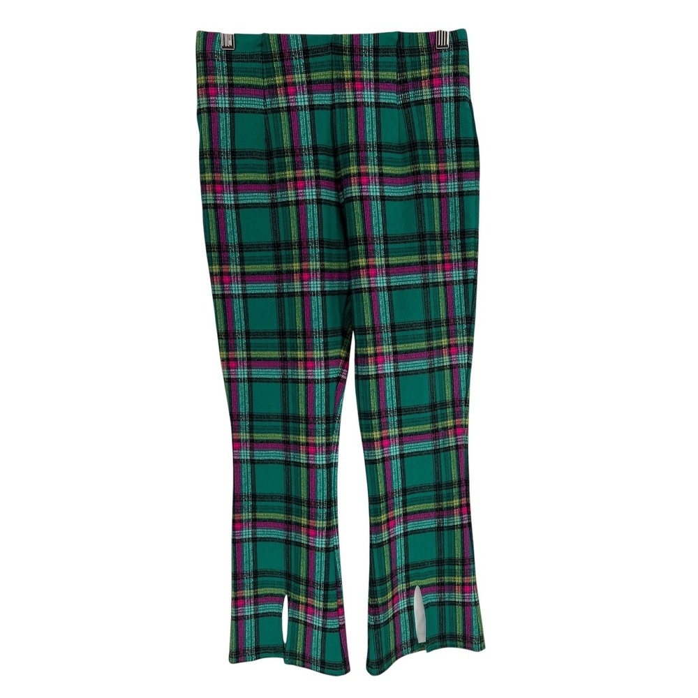 Slim Factor by Investments Kick Flare Pants Women S Green Plaid Split Hem NEW